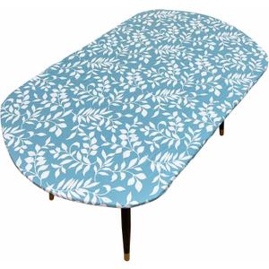 Oval Tablecloth Classic Elastic Edged Flannel Backed Vinyl Fitted Table Cloth Waterproof Oil-Proof Plastic Table Cover (Blue Leaves, Best for Up to 42" x 60")