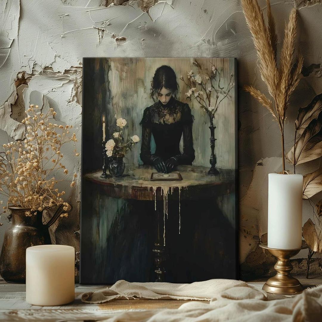 Dark Academia Wall Art, Moody Gothic Victorian Canvas Wall Decor Painting, Vintage Creepy Aesthetic Artwork Poster Prints Pictures for Living Room Bedroom 15.5x11.5 Inch Framed