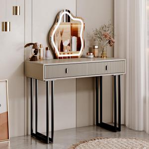 Ieejdn Dark Grey Vanity Desk with Mirror and Lights,Small Makeup Vanity with 2 DrawersModern Makeup Table with Adjustable Cabinet for Bedroom,Makeup Room