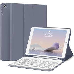 Keyboard Case for iPad 9th/8th/7th Generation 10.2 Inch 2021/2020/2019, Soft TPU Back Stand Cover Smart Case with Pencil Holder, Magnetically Detachable Wireless Bluetooth Keyboard, Purple
