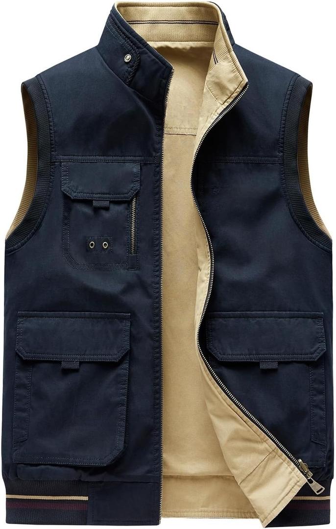 Men's 100% Cotton Washed Reversible Vest 9 Concealed Pockets Travel Casual Gilet Safari Outwear (X-Large, Navy/Beige)