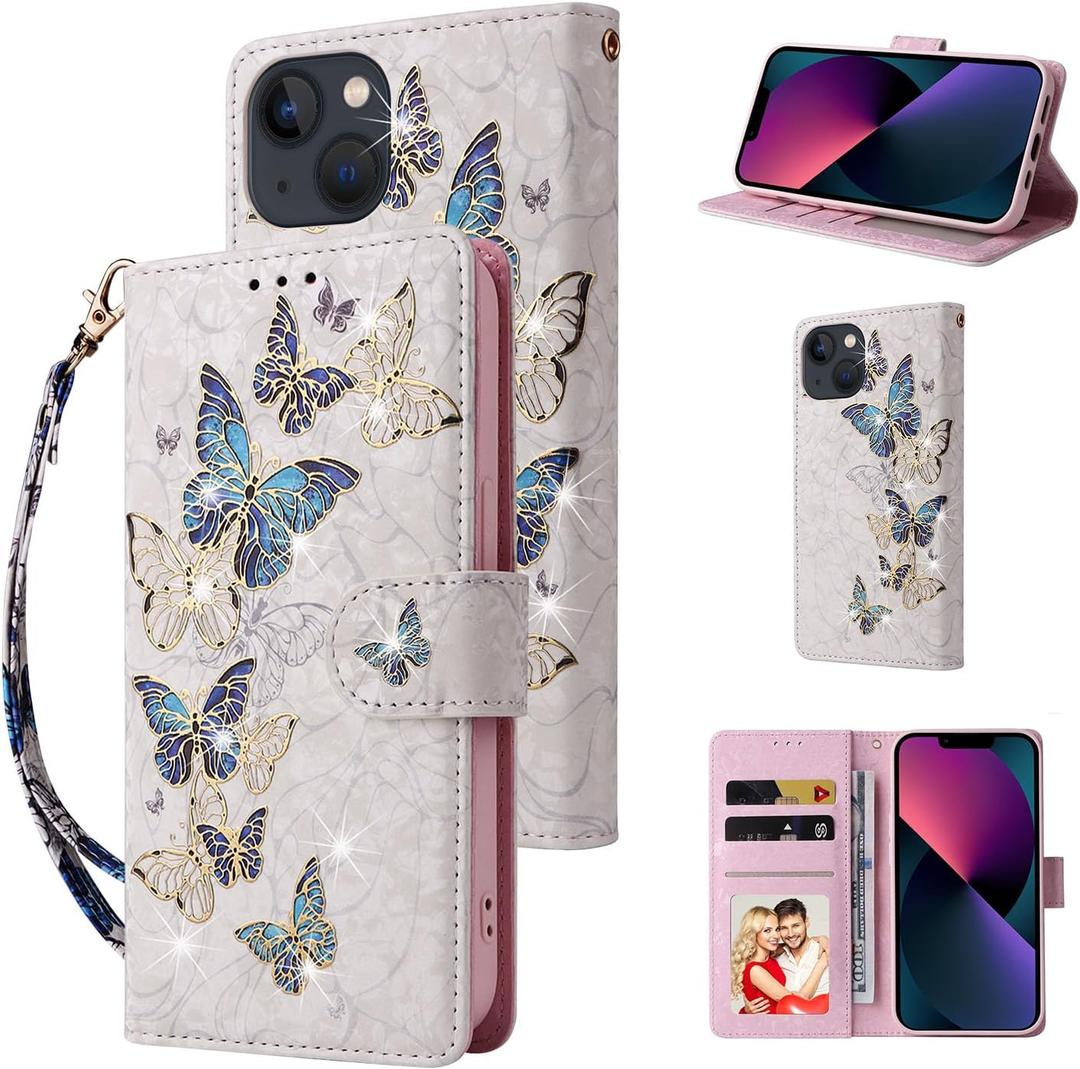 UEEBAI Wallet Case for iPhone 14 6.1 inch, PU Leather Phone Case Kickstand RFID Blocking Flip Case Card Slots Wrist Strap Relief Engraved Pattern Magnetic Closure Flower Folio Case, Blue Butterfly