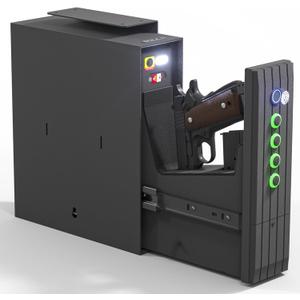 SOULYI Biometric Gun Safe for Handgun, 3 Way Quick Access Auto Sliding Door Bedside Pistol Safe for Nightstand, Desk, Vehicle with Fingerprint, PIN Code, Key Lock, LED Light, and Silent Mode