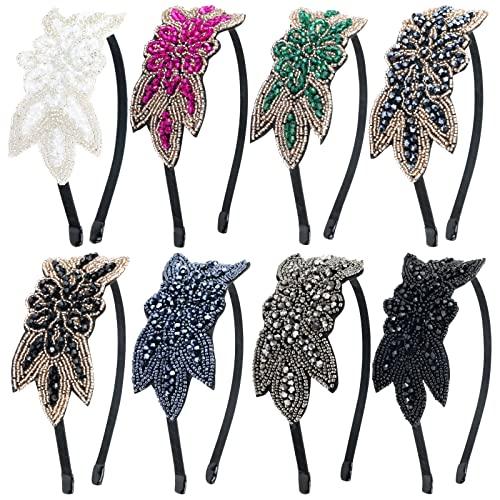 inSowni 8 Pack Multi Color 1920s Hair Accessories Beaded Flower Headbands Rhinestone Elastic Hair Hoops for Women Girls