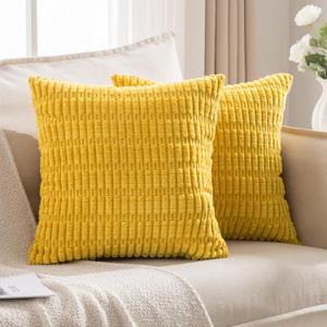 JELLYMONI 2 PCS Yellow Decorative Throw Pillow Covers 18x18 Inch, Corduroy Striped Boho Pillows Cover for Living Room Bed Sofa Couch, Spring Farmhouse Boho Home Decor