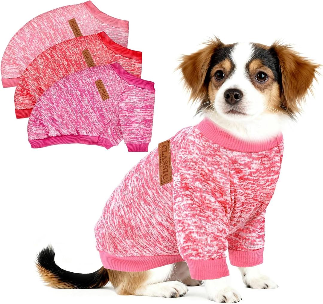 3 Pack Christmas Dog Sweaters for Small Dogs - Warm Fleece Unisex Puppy Sweater Outfit, Cute Cozy Thermal Winter Clothes for Small Breed Puppies & Cats (Red+Pink+Rose Red)