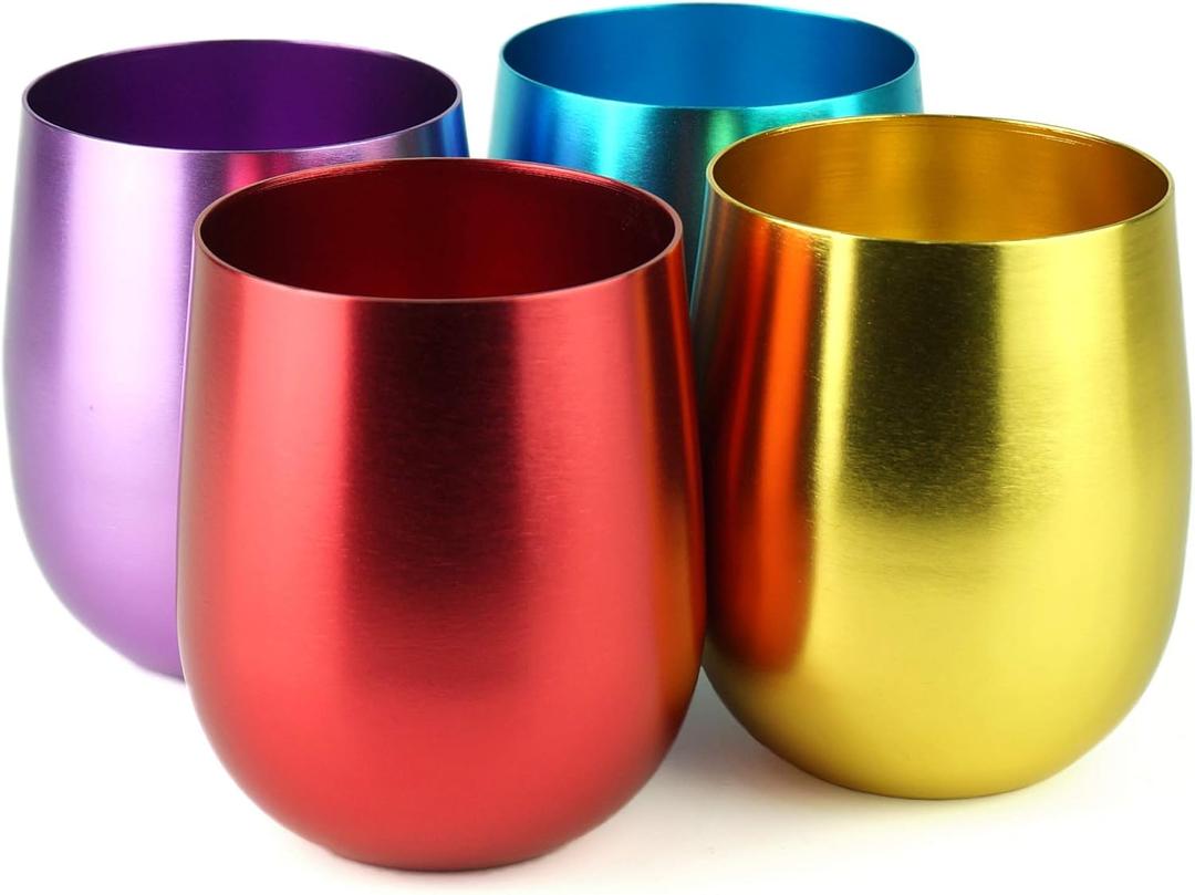 CLW Aluminum Stemless /Old Fashion Glass, Set of 4, 4-Color in a Set (Purple/Blue/Pink/Gold), 21oz (Large)