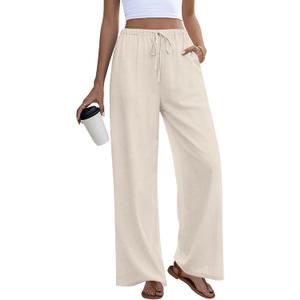 Anymeet Womens Soft Spring Pants Wide Leg Casual Drawstring High Waist Long (L)