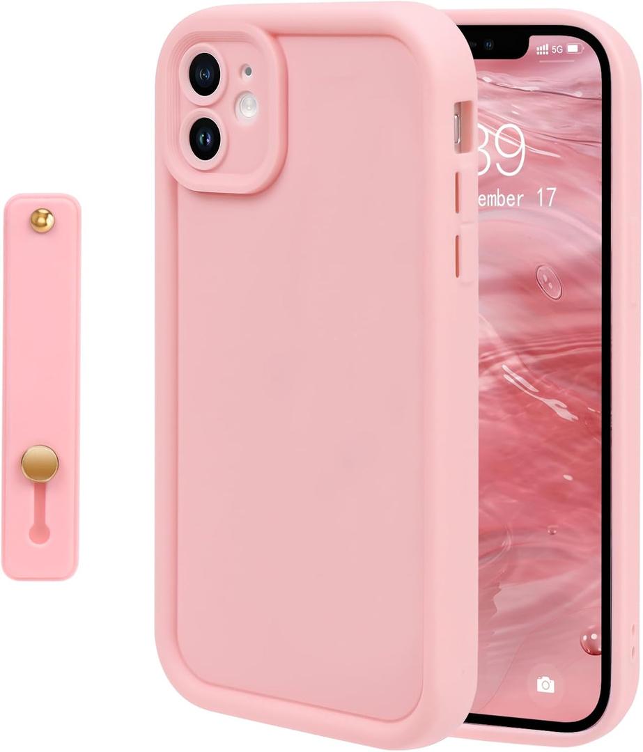 NITITOP Compatible with iPhone 12 Case Cute Simple Design Stylish Enhanced Camera Protection with Wrist Adjustable Hand Strap Kickstand Grip Holder Touch Soft Protective Cover - Pink