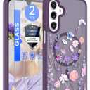 Yucenx for Samsung Galaxy A16 5G Floral Phone Case with 2X Screen Protector, Military Grade Magnetic Translucent Matte Girls Women Flower Pattern Protective Cover for A16 5G (Deep Purple) | 2X Screen Protector, Military Grade, Magnetic, Translucent, Matte, Girls Women
