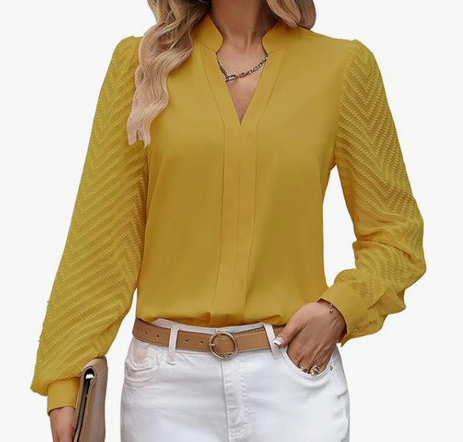 ZOOMOON Womens Work Tops Sheer Long Sleeve Shirts V Neck Chiffon Blouses Business 2025 Casual Tops for Women Yellow L