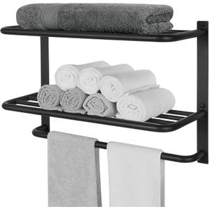 Towel Rack for Bathroom, DEWVIE 23 Inch Tower Holder with Tower Bars, SUS 304 Stainless Steel Lavatory Bath Towel Shelf Towel Hanger Wall Mount, 3-Tier (Matte Black)