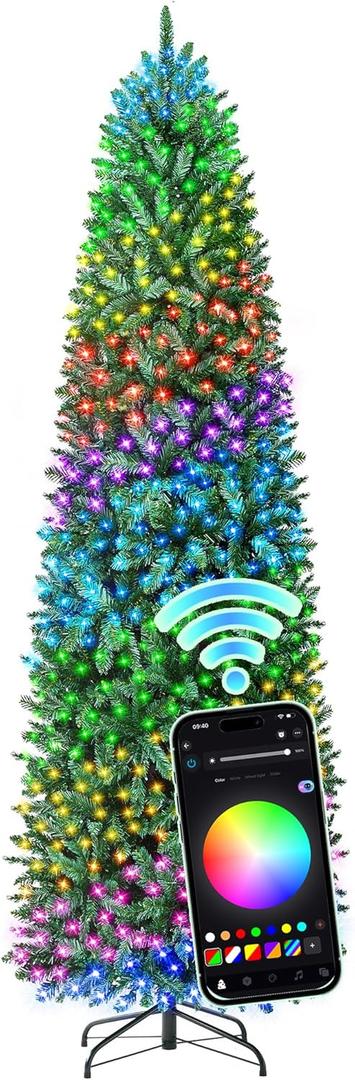 HOLLO STAR 7.5 ft Prelit Christmas Tree with 351 LED Lights, App Control, Artificial Pencil Christmas Tree with Multi-Color RGBW Lights, 1053 Branch Tips, Skinny, Metal Base, for Home, Party
