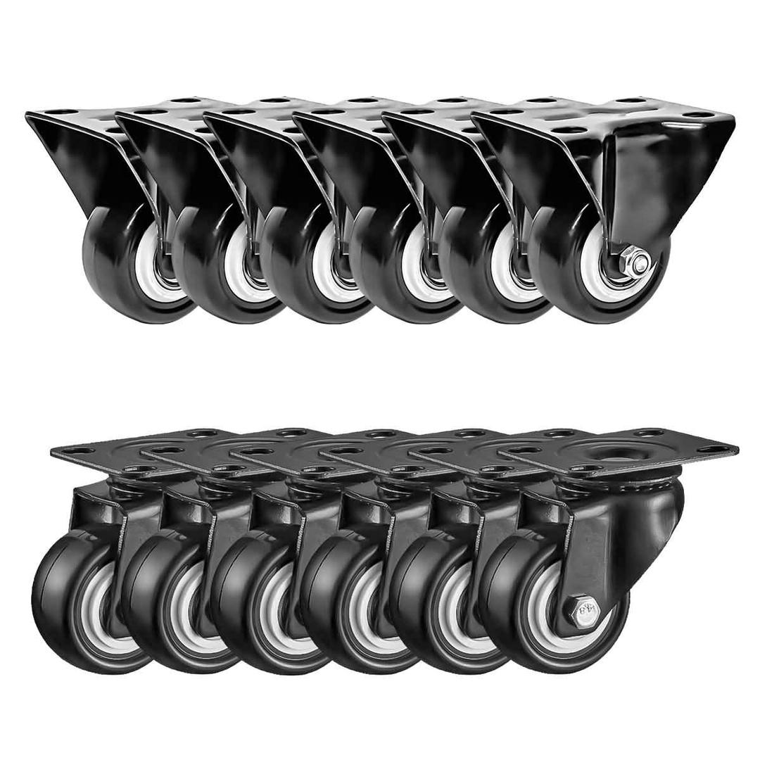 FactorDuty 12 Pack Combo 2 inch Caster Wheels 6 Rigid Non Swivel Fixed Stationery & 6 No Brake Swivel Plate All Black Polyurethane Wheels Non Marking No Noise 150LB Per Wheel