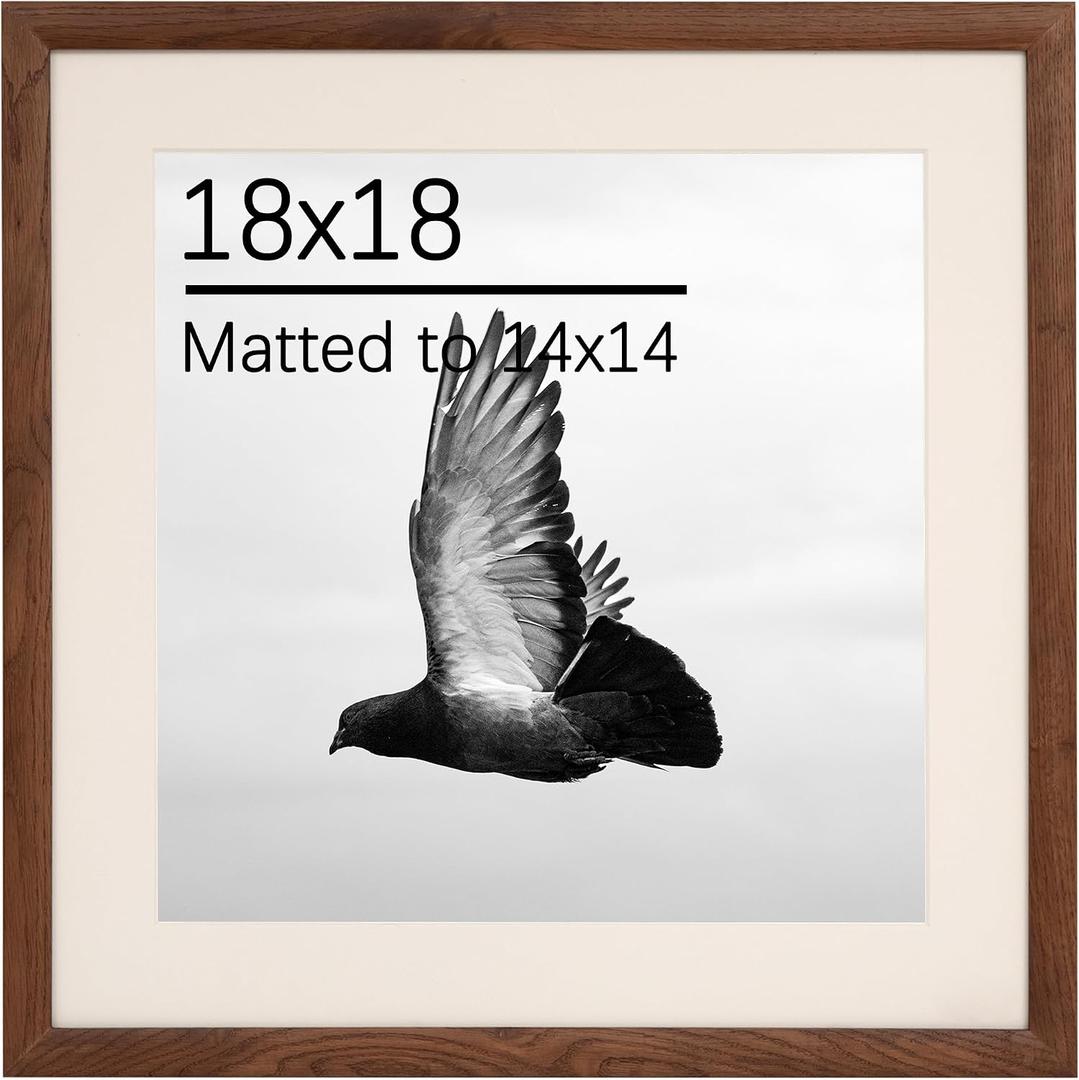 18x18 Natural Oak Wood Walnut Finish Picture Frame - Display 14x14 Photos with Mat or 18x18 Without - Modern Minimalist Gallery Wall Poster Frame - Horizontal & Vertical Wall Mounting