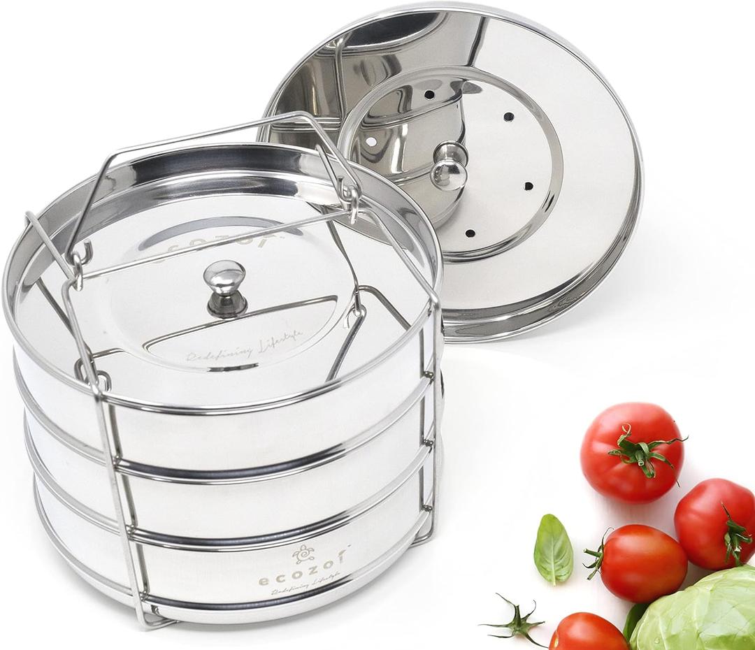ecozoi Instant Pot Stackable Insert Pans for 6 & 8 Quart, 3 Tier Steamer Insert Pans for Instant Pot Pressure Cooker, Pot in Pot for Baking, Steaming & Casseroles, 2 Interchangeable Lids and Sling