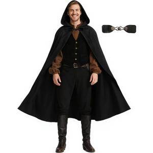 Medieval Hooded Cloak Renaissance Cape for Men and Women Halloween Costume (Black)
