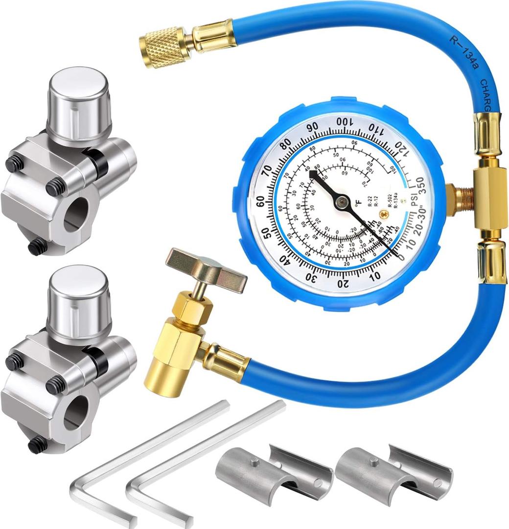 Mudder 2 Pack BPV31 Piercing Tap Valve Kits Compatible with 1/4, 5/16, 3/8 Inch Outer Diameter Pipes and R134A Air Conditioning Refrigerant Charging Hose with Gauge, Connect to R12/ R22 Port Only