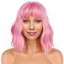 LANICE Short Bob Pink Wigs with Bangs for Women Loose Wavy Hair Shoulder Length Wigs Synthetic Colorful Wigs for Cosplay Daily Party Use(Pink, 12inch)