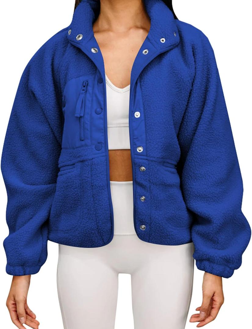 Aoang Womens Winter Coats Casual Lapel Long Sleeve Fleece Faux Fur Jacket (Large, Royal Blue)