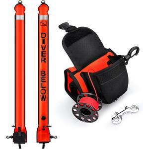 Surface Marker Buoy Scuba with Reel, 5ft High Visibility Diving Open Bottom Signal Tube Safety Sausage with Pouch Bag, 100ft ABS Dive Reel and Steel Double-Ended Bolt Snap (Hi-Vi Red)