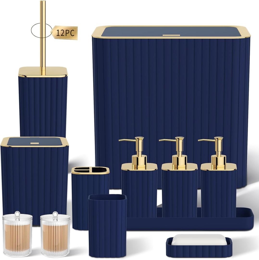 Bathroom Accessory Set - Bathroom Set, 12PC Bathroom Accessories Set, Navy Blue Bathroom Accessories Set, Mini Trash Can, Toilet Brush, Trash Can & Soap Dispenser