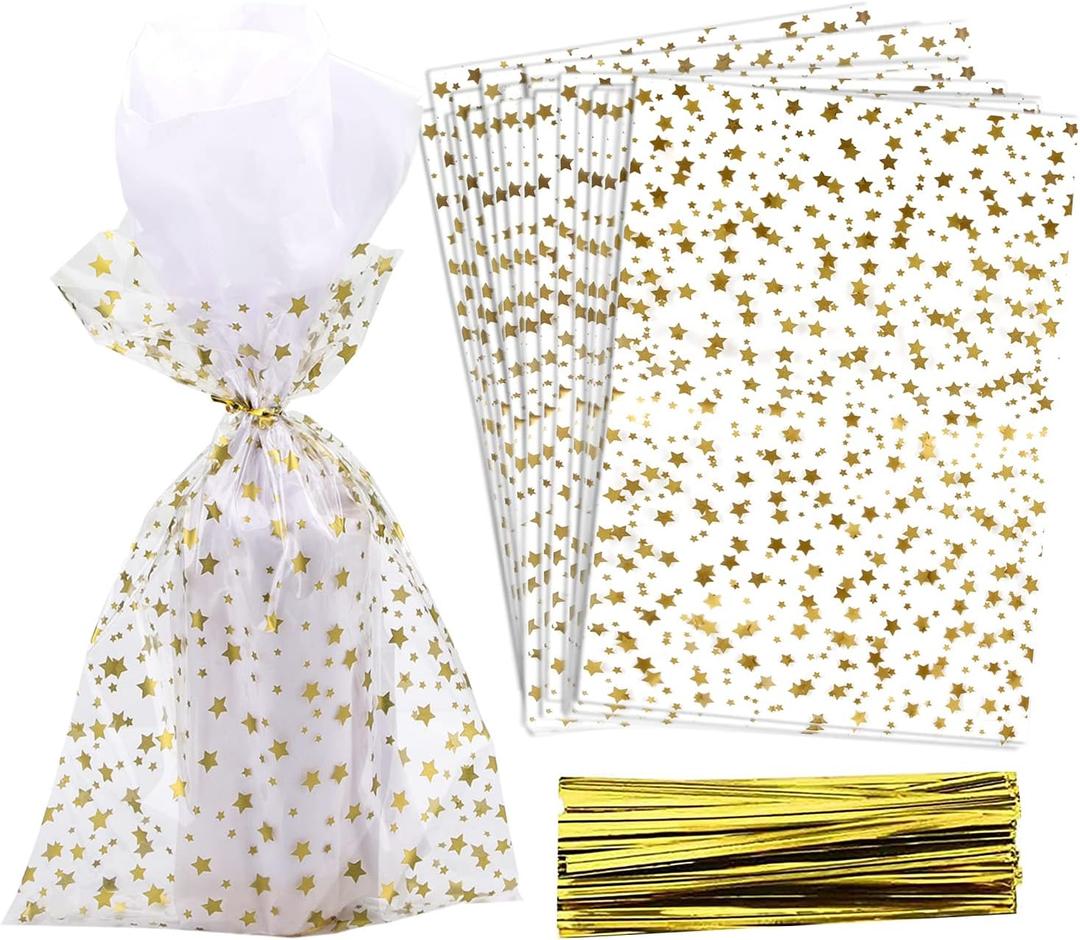 100 Pcs Star Printed 4"X 9" Gift Wrap Cello Cellophane Treat Bags Party Favor bags Clear Candy Cookie Bags Plastic Poly Goodie Storage Bags with Twist Ties for Bakery,Birthday, Wedding ,Party Decorations (Gold)