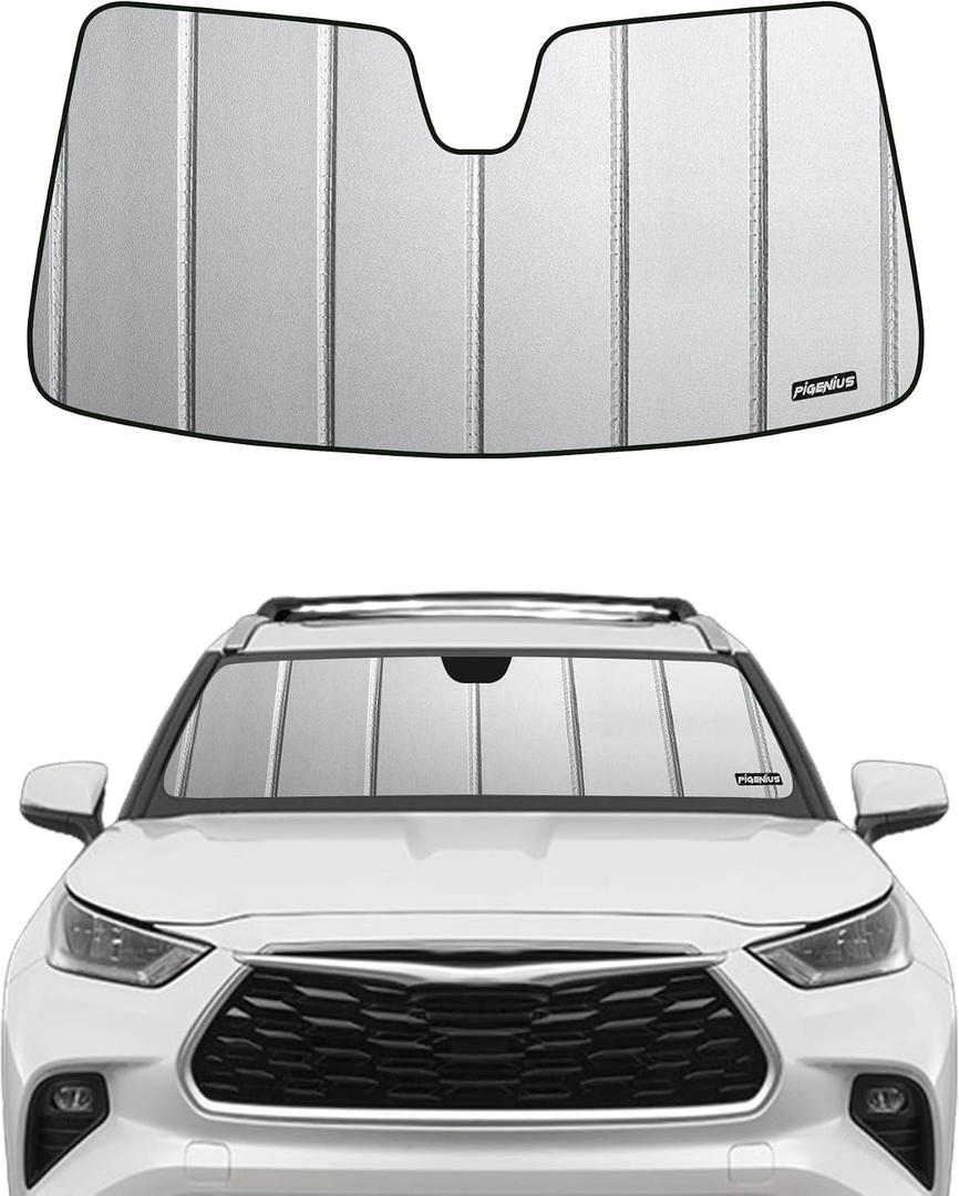 Pigenius Windshield Sun Shade for Toyota Highlander & Highlander Hybrid (Incl. 25th Edition) 2020-2026, NOT for Grand Highlander, Premium Grey Leather Finish