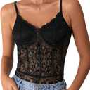 Milumia Women's Sexy Floral Lace Sheer Mesh Corset Bodysuit Spaghetti Strap Cami Tops Going Out (Medium)