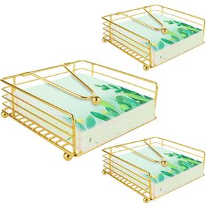 3 PCS Napkin Holder for Table Flat Napkin Holder with Weighted Arm Square Paper Napkin Holders Metal Modern Napkin Holder Paper Cocktail Napkin Holder for Kitchen Dinner Outdoor, Gold