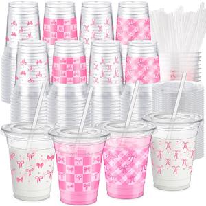 100 Sets Bow Cups 12 oz Coquette Plastic Cups with Lids and Straws Disposable Bow Theme Birthday Decoration for Baby and Bridal Bachelorette Wedding Party Supplies (Pink)