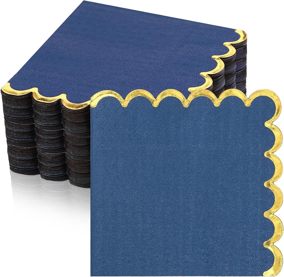 Janlaugh 50 Pcs Scalloped Cocktail Napkins with Gold Foil Edge Thick Paper Disposable Napkins Pastel Party Beverage for Wedding Dinner Birthday Party(Navy Blue,5 x 5 Inch)