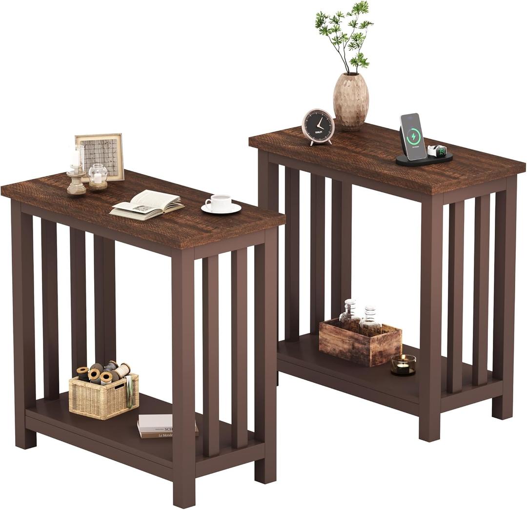 ChooChoo Mission End Tables Set of 2, Narrow Side Tables for Small Spaces, Night Stands with Storage Shelf for Living Room and Bedroom, Espresso, 11.81" x 23.62" x 23.62"