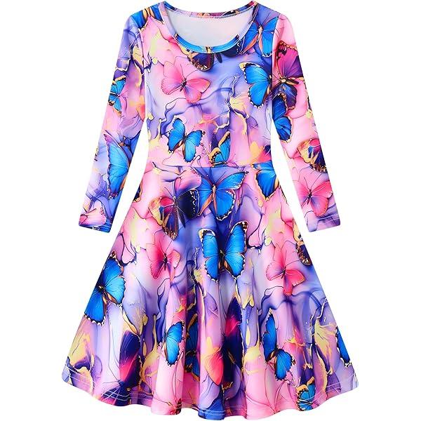 COEQINE Kids Girls Long Sleeve Dress Casual Butterfly Party Dress A-line for Toddler 10T