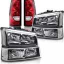 Headlight Assembly w/Tail Lights Set compatible with 2003 2004 2005 2006 Chevy Silverado 1500 2500 3500,Black Housing Headlamp w/Red Taillights Rear Brake Lamp