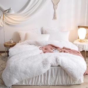 Fluffy White Comforter Cover King Set, Soft Fuzzy Shaggy White Bedding King Set 3 Pieces (1 Faux Fur Duvet Cover + 2 Plush Pillow Cases) Furry Bed Set, Zipper Closure
