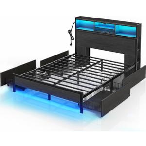Rolanstar Queen Bed Frame with Storage,4-Drawer Platform Bed with USB Charging Station,Built in LED Lights and Bookcase Headboard,No Box Spring Needed,Easy Assembly,Noise-Free,Black