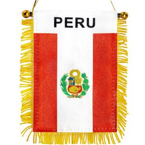 Anley 4 X 6 Inch Peru Fringy Window Hanging Flag - Mini Flag Banner & Car Rearview Mirror Dcor - Fringed & Double Sided - Peruvian Hanging Flag with Suction Cup