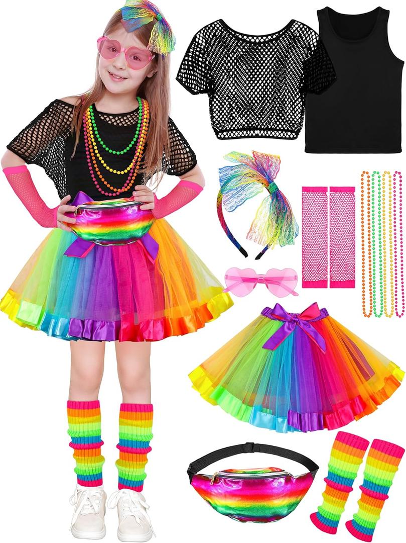 AOTHSO 14 Pieces Girls 80s Outfit Accessories Set Halloween Girls 80s Clothes Costume for Cosplay 1980s Party for Kids (Medium, Rainbow)