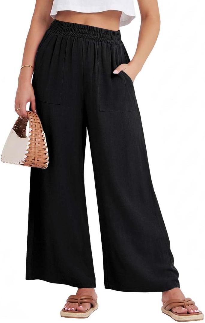 GRECERELLE Women Elastic High Waisted Wide Leg Pants Woman Casual Palazzo Trousers (Large, Black)