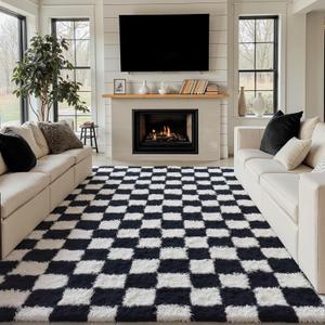 Checkered Rug 8x10 for Living Room, Black and White Modern Shag Rug Washable Non-Slip Large Area Rug Super Soft Indoor Fuzzy Carpet Fluffy Rugs for Bedroom Home Aesthetic Decor