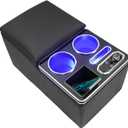 Upgraded Center Console, Wireless Charging Phone Holder & Cup Holders Armrest Organizer for Car Minivan Truck Van, Universal Rear Bench Seat Storage Box with 7 Modes LED Light