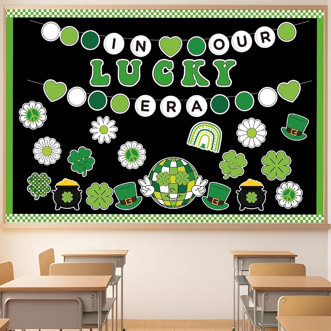 141Pcs St. Patricks Day Bulletin Board Classroom Decoration Retro Hippie Rainbow Flower Cutouts Shamrock Clover Name Tags Green Border Trim School Chalkboard Supplies Wall Door Decor