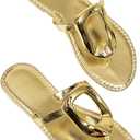OYOANGLE Women's Metal Ring Flip Flops Metallic Open Toe Comfy Vacation Dressy Slide Sandals Gold 9