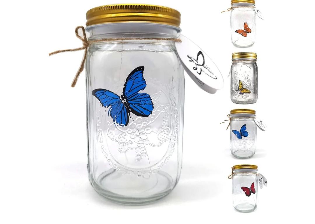 KIDELI Butterfly Jar That Moves, LED Light Romantic Glass Animated Butterfly in a Jar Gift Decoration (Blue)