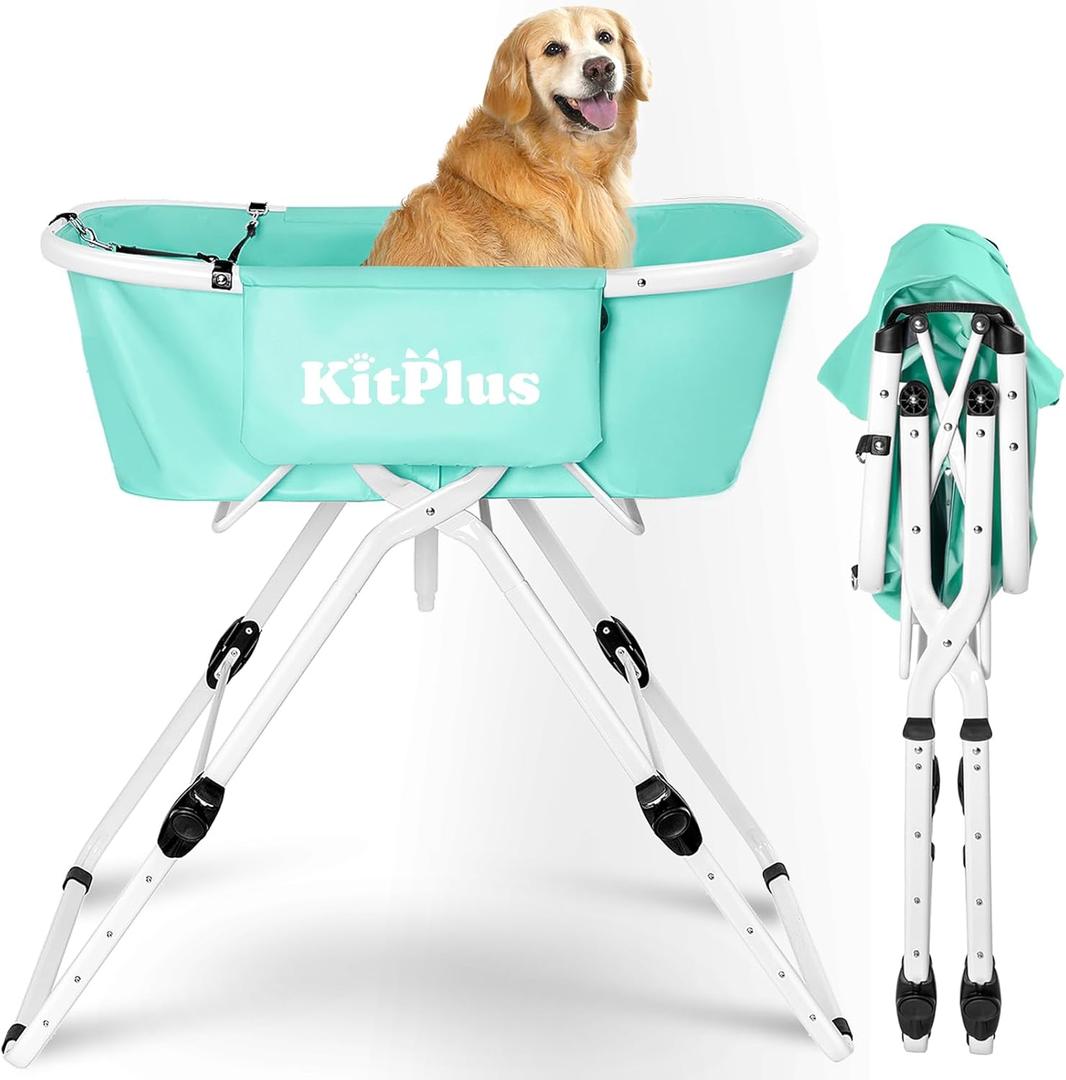 KITPLUS Portable Dog Bathtub, 5 Height Adjustable Dog Washing Station for Pet Shower and Grooming Foldable Bathing Tub with Storage & Anti-Slip Design for Small Large Dogs Cats (Deep Green)