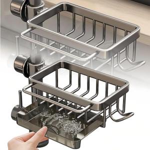 Kitchen Sink Faucet Organizer,Sponge Holder Caddy Rack Multifunction Shelf for Soap,Dish Accessories, Adjustable for 0.7-1.1 Inch Round Water Pipe (Right Grey) (Gunmetal Gray R)
