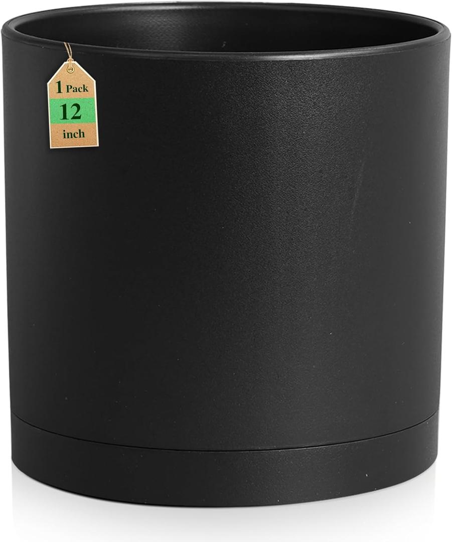 WSMKSZ 12 inch Large Deep Plant Pots for Outdoor Indoor Plants, Tall Cylinder Flower Pots with Drainage Holes and Saucer, Big Decorative Plastic Planter Pots for Garden Porch House Plants, Black