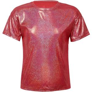 DRHOM Kids Boys Girls Metallic Shiny T-Shirt Jazz Hip Hop Dance Tops Short Sleeves Loose T-Shirt for Performance Costume (4-5, Red)