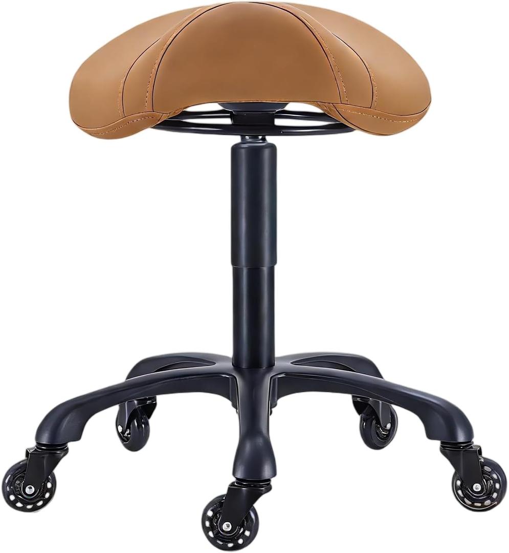 Saddle Salon Stool with Wheels,Heavy Duty Adjustable Rolling Stool for Barber, Tattoo, Nail,Spa,Dentist(Brown)